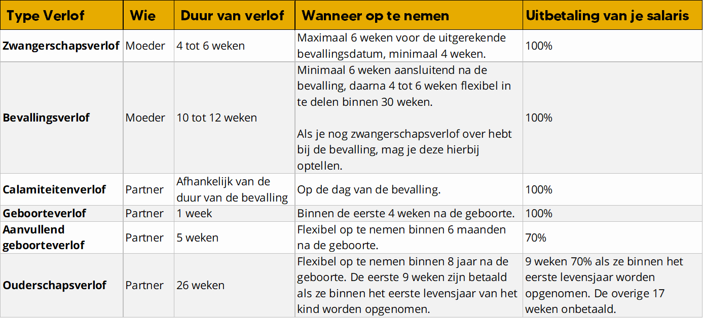 Overzicht soorten verlof bij geboorte kind